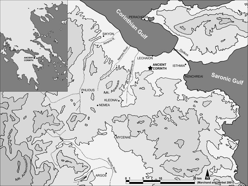 Εικ.1 Χάρτης Κορινθίας με αρχαίες πόλεις. Πηγή Ανασκαφές Κορίνθου, Αρχαία Κόρινθος.